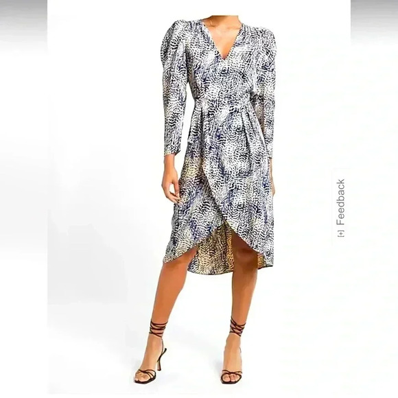 EXPRESS DRESS PRINTED ROYAL BLUE AND WHITE  LONG PUFF SLEEVES - Picture 1 of 11